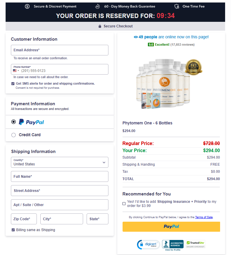 Phytomem One secure checkout page screenshot